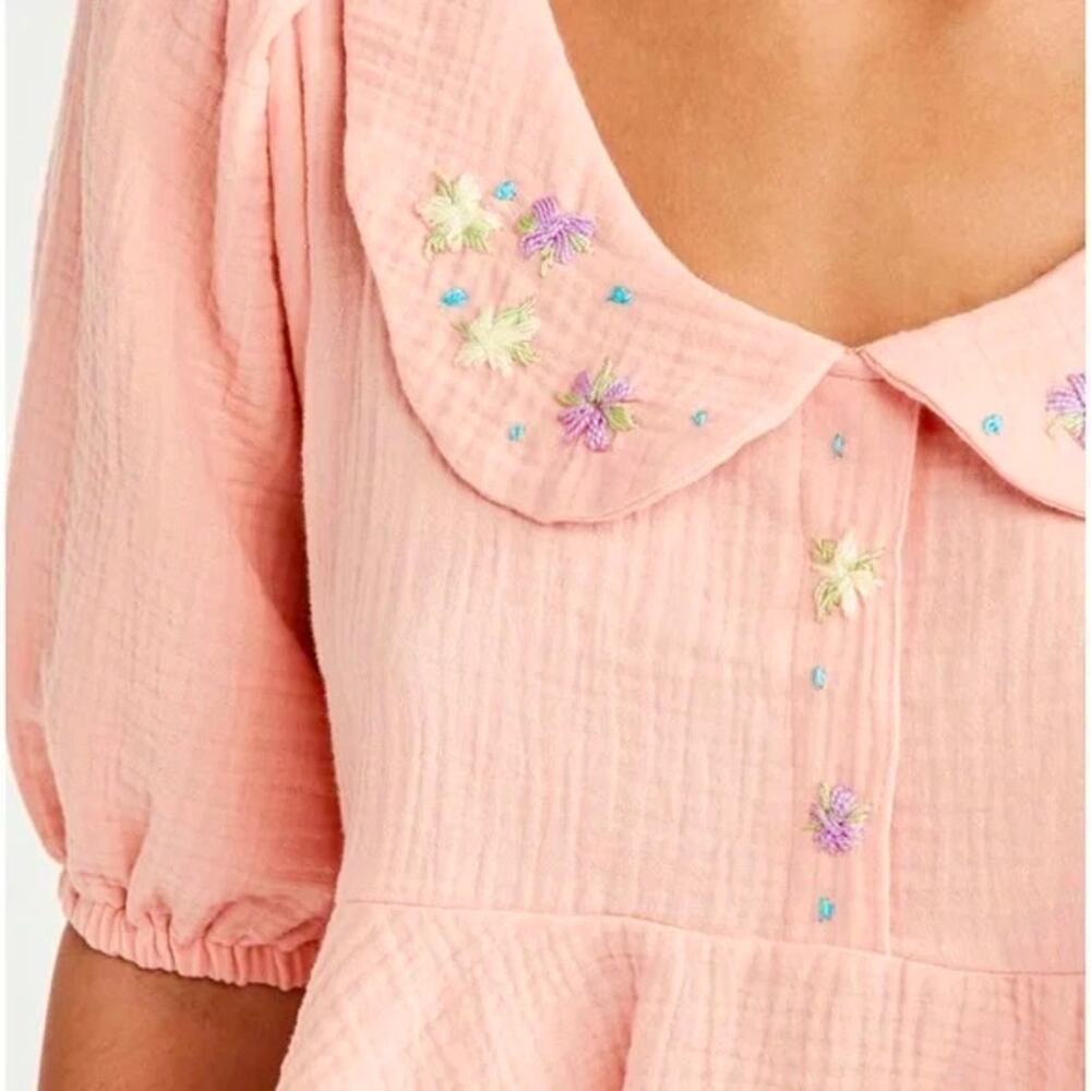 Tach Larina Embroidered Linen Cotton Top Puff Sleeve Peach Pink - Picture 10 of 16